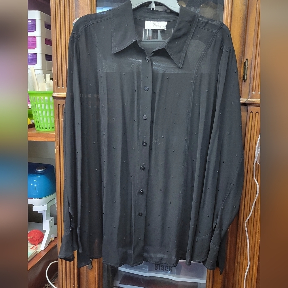 Ann Harvy Black Sheer Button-Up Shirt Size 22